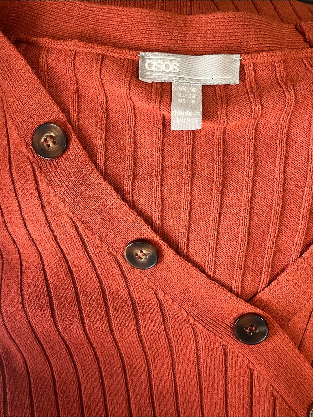 ASOS Rust Ribbed Button-Trim Long Sleeve Midi Dress - Picture 3 of 9